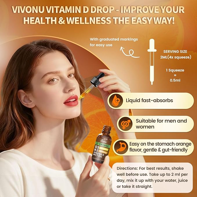 VivoNu Vitamin D3 K2 Drops, D3 20000 IU & K2 as MK-7 400mcg, Orange Flavor Vitamin D Liquid Drops Supplement with Magnesium, Calcium, Zinc & Omega 3 for Immune*, Mood*, Bone* Health