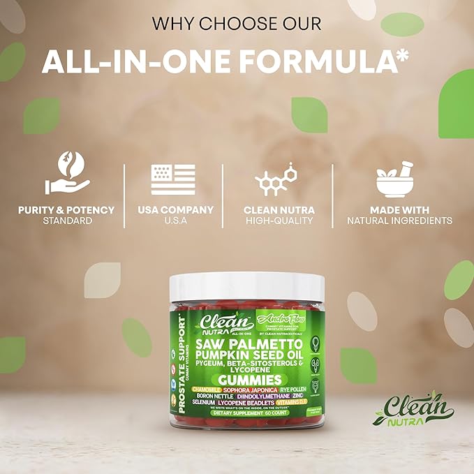 AndroFlow Saw Palmetto and Pumpkin Seed Oil Prostate Health Supplements for Men Pygeum Beta Sitosterol Lycopene Boron Zinc Selenium DIM Stinging Nettle Vitamin D, 60 Gummy Supplements by Clean Nutra