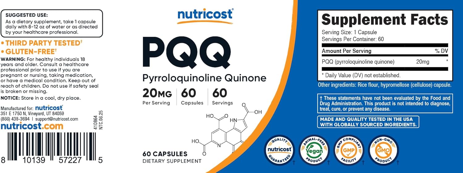 Nutricost PQQ (Pyrroloquinoline Quinone) 20mg, 60 Capsules - Vegetarian Capsules, Non-GMO, Gluten Free