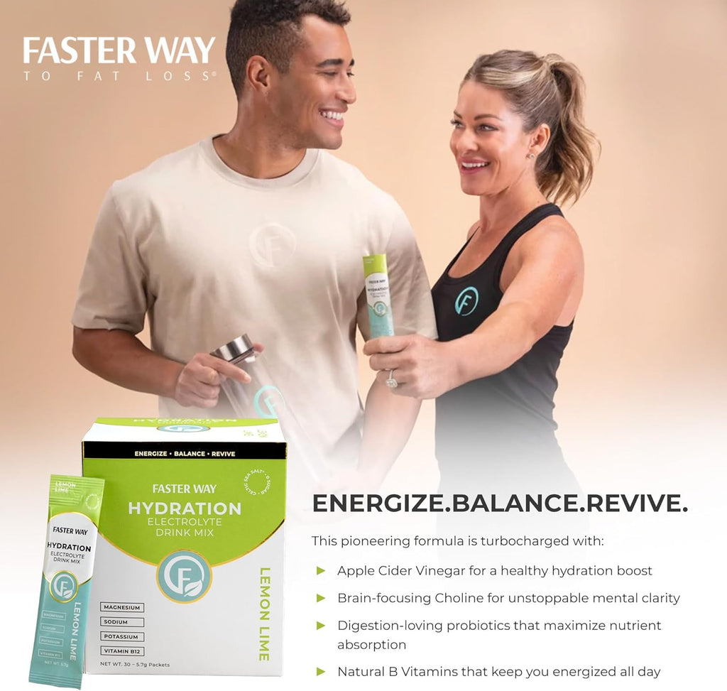 Faster Way - Hydration - Electrolyte Drink Mix - With Apple Cider Vinegar, Choline, Probiotics & Natural B Vitamins - Energize & Revive - Powder Packets - Zero Sugars -Gluten Free -Lemon Lime -30 Pack