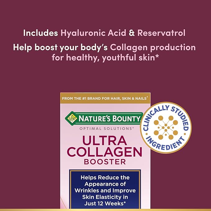 Nature's Bounty Optimal Solutions Ultra Collagen Booster for Healthy-Aging Supplement, Resveratrol, Hyaluronic Acid – Collagen Capsules for Women, 48 Capsules (Pack of 3)