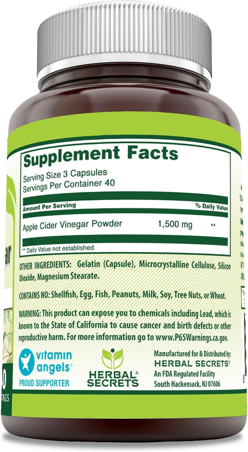 Herbal Secrets Apple Cider Vinegar Supplement | 1500 Mg Per Serving | 120 Capsules| Non-GMO | Gluten Free | Made in USA
