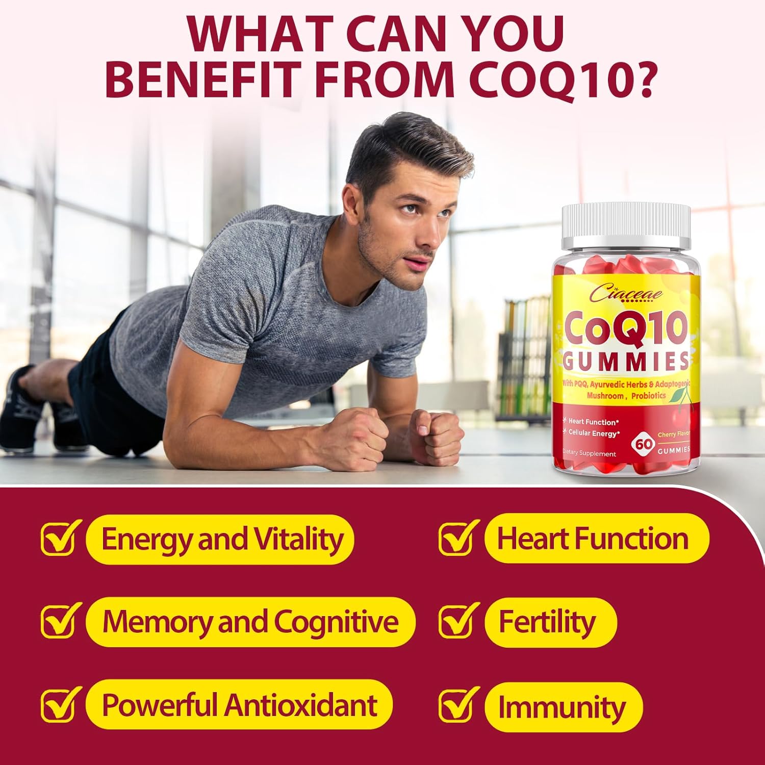 CoQ10 Gummies with PQQ - 400 MG Coenzyme Q10 High Potency, Enhanced with Ayurvedic Herbs, Adaptogenic Mushroom Blend & Probiotics for Heart, Brain, Energy, Immunity, Cherry Flavor, 120 Vegan Gummies