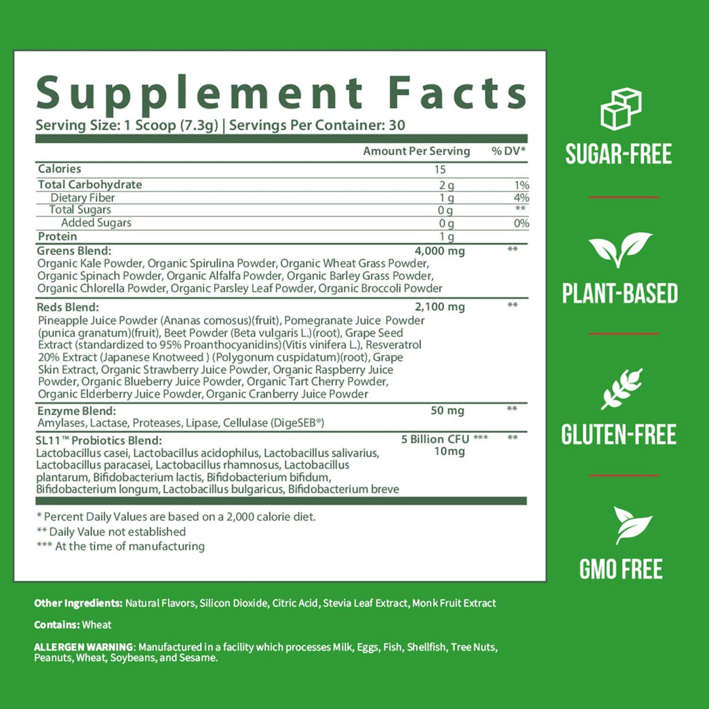 GOBIOTIX Super Greens and Reds Powder - Red and Green Superfood - Probiotic Supplement - Digestive Enzymes and Beet Root Powder - Organic Whole Foods Dietary Supplement (Pom Raspberry, 1 Pack)