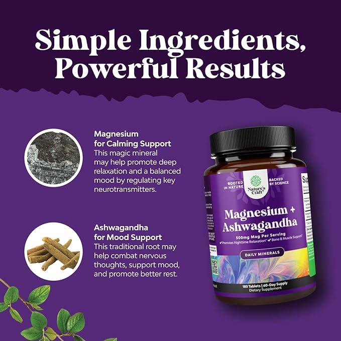 Pure Calm Relaxing Magnesium Glycinate Supplement with Ashwagandha - Magnesium for Stress Support & Rest Ease for Adults - High Absorption Tablets for Bone Support & Muscle Cramps - 180 Count