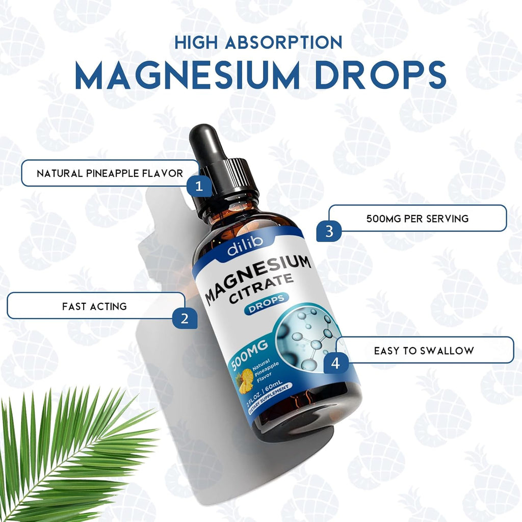 Magnesium Citrate Liquid Drops, Liquid Magnesium Supplement 500mg, Support Stress Relief, Sleep, Mood, Bones, Muscles, Relaxation, Vegan Natural Pineapple Flavor 4 Fl Oz