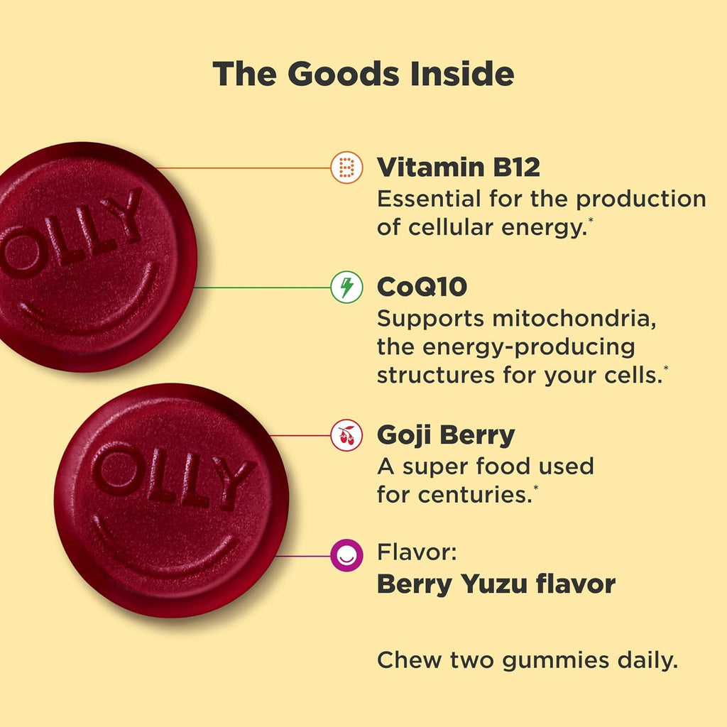 OLLY Extra Strength Daily Energy Gummy, Caffeine Free, 1000mcg Vitamin B12, CoQ10, Goji Berry, Adult Chewable Supplement, Berry Yuzu Flavor - 60 Count (Pack of 2)
