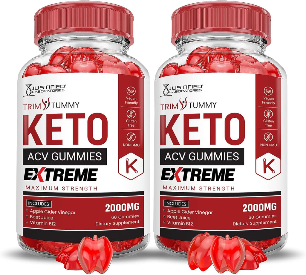 Justified Laboratories (2 Pack Trim Tummy Keto ACV Gummies Extreme 2000MG Trim Tummy Keto Gummies Apple Cider Vinegar Formulated with Pomegranate Beet Juice Powder B12 Vegan Non GMO 120 Gummys