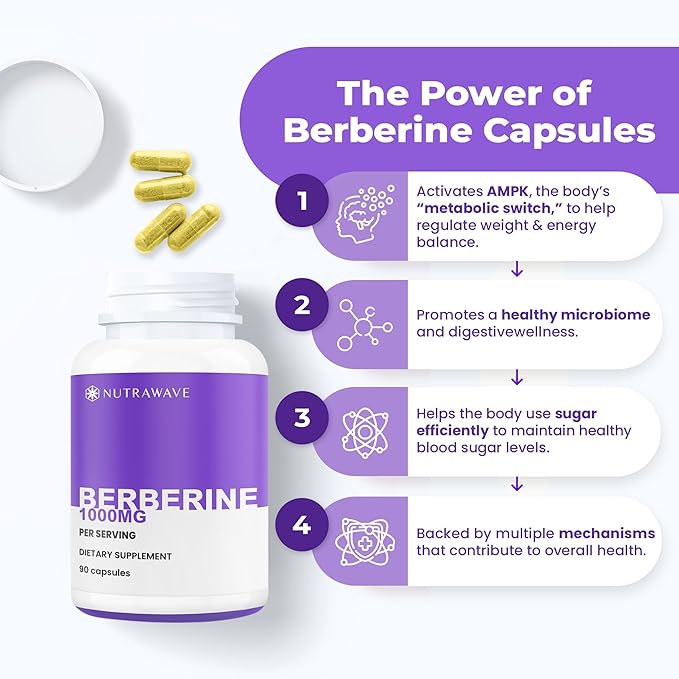 Nutrawave Pure Berberine Maximum Potency - 1000mg Per Serving - 2 Capsules 500mg Each - Supports Blood Sugar Levels, Healthy Lipid (Fat) and Glucose Metabolism - Non-GMO, Vegan - 2 Pack