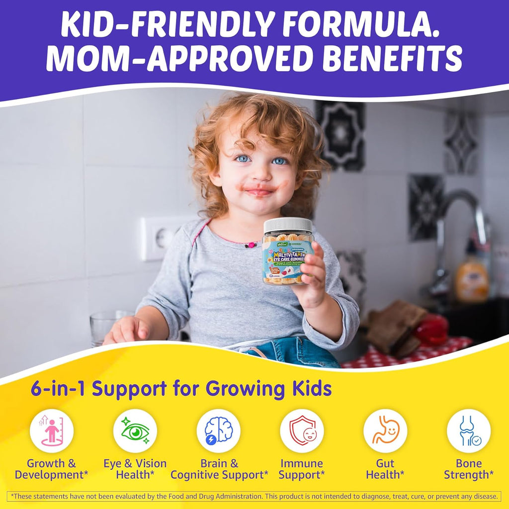 Kids Multivitamin Gummies with Omega-3 (DHA & EPA), Liposomal Multivitamin for Kids 4+ w/Vitamin D3, K2, Methylated B12, Folate, C, Probiotics, Lutein & Zeaxanthin for Brain, Immunity, Gut, Eye, 60Cts