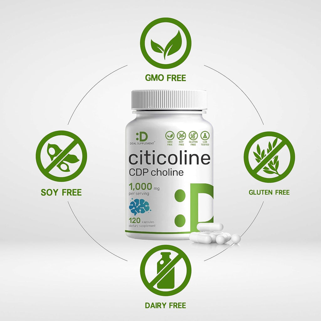 DEAL SUPPLEMENT Citicoline CDP Choline, 1,000mg Per Serving, 120 Capsules – Extra Strength Choline Supplements – Nootropic B Vitamin Properties – Promotes Brain Health, Memory, & Focus – Non-GMO