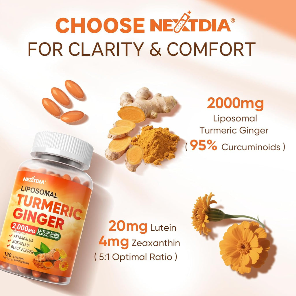 Liposomal Turmeric Curcumin Supplement for Superior Absorption, Turmeric and Ginger Softgel 2000mg with Black Pepper and 20mg Lutein Zeaxanthin, Supports Healthy Response & Eye, Non-GMO, 120 Pills