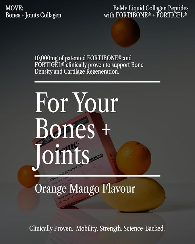 BeMe Bone & Joint Health Supplement - Liquid Collagen Peptides for Bone Density Support - 10,000mg FORTIBONE & FORTIGEL - German Engineered with Clinical Studies - 15 Sachets