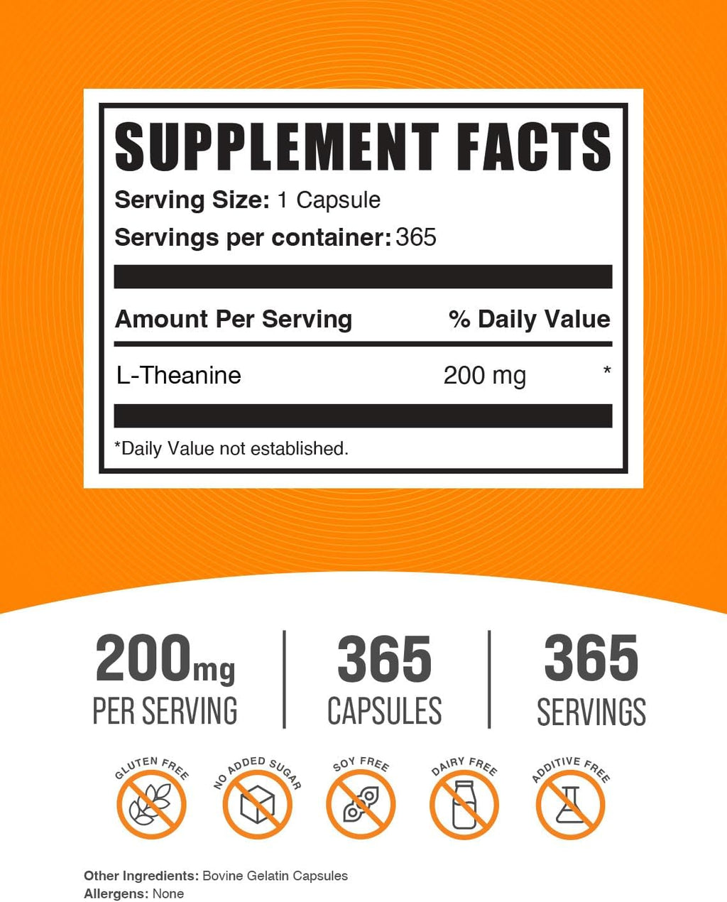 BulkSupplements.com L-Theanine Capsules - L-Theanine 200mg, Amino Acid Supplement - Gluten Free, 1 Capsule per Serving, 365 Count (Pack of 1)