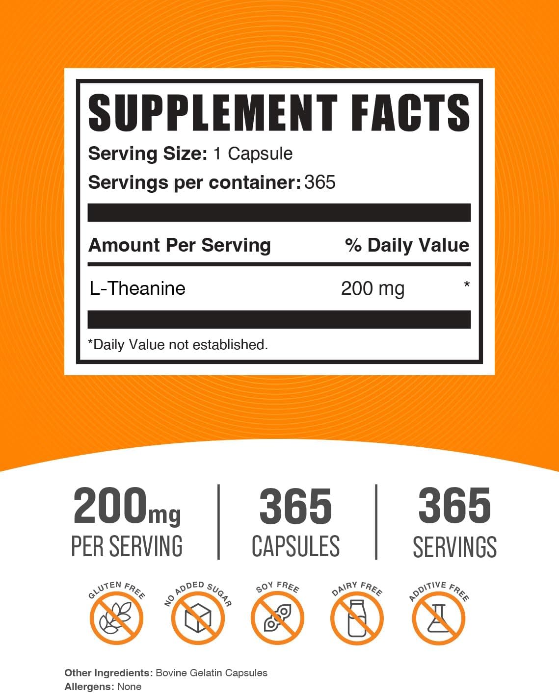 BulkSupplements.com L-Theanine Capsules - L-Theanine 200mg, Amino Acid Supplement - Gluten Free, 1 Capsule per Serving, 365 Count (Pack of 1)