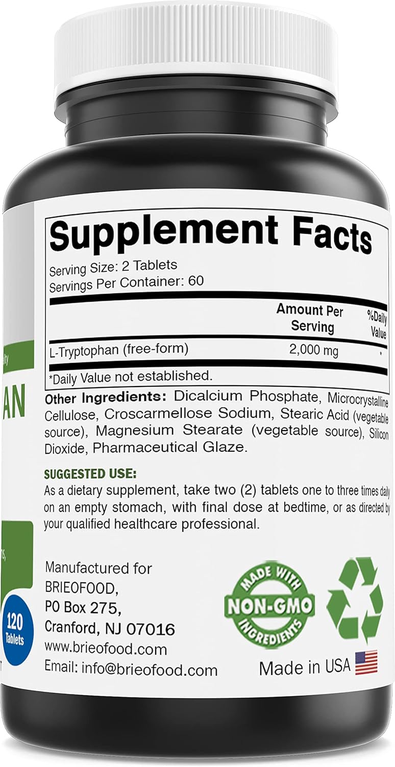 Brieofood L-Tryptophan 2000mg per Serving - 120 Tablets - Supports Poisitive Mood & Relaxation