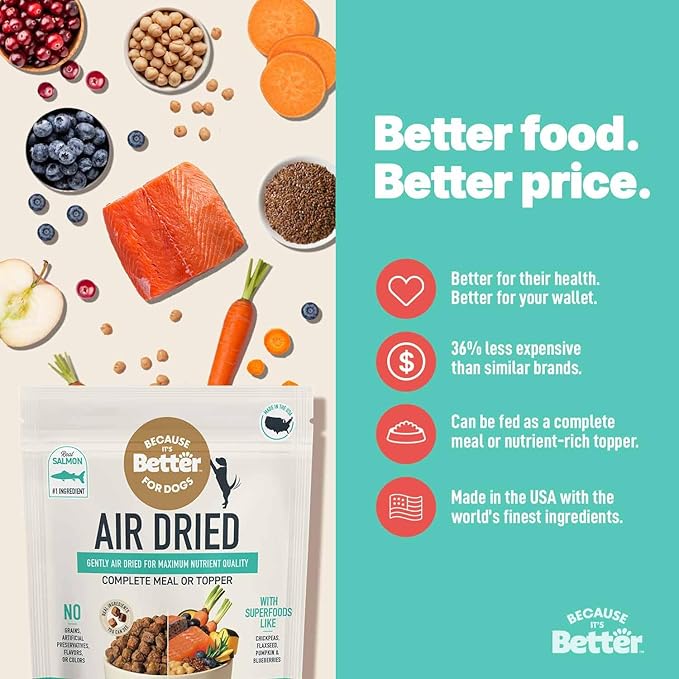 Because It's Better Slow Baked and Air Dried Dog Food, Real Salmon and Veggies, 3lb Bag, Complete and Balanced Dry Dog Food, for All Life Stages