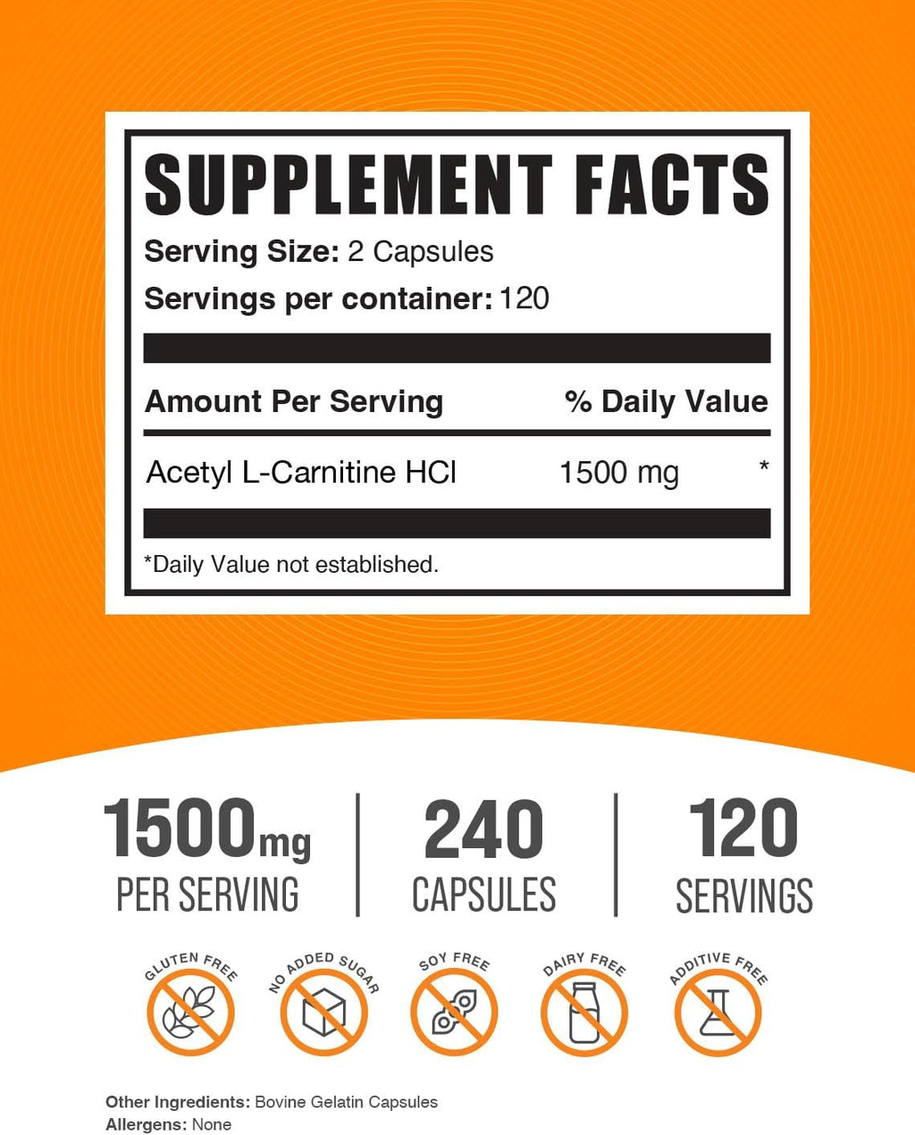 BulkSupplements.com Acetyl L-Carnitine Capsules - ALCAR HCl, Carnitine Supplement - ALCAR Capsules, Acetyl L-Carnitine 1500mg - Gluten Free, 2 Capsules per Serving, 240 Capsules
