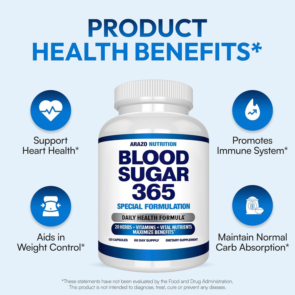 Arazo Nutrition Blood Sugar 365 Supplement – Supports Healthy Energy Levels - 120 Herbal Pills - 60 Day Supply