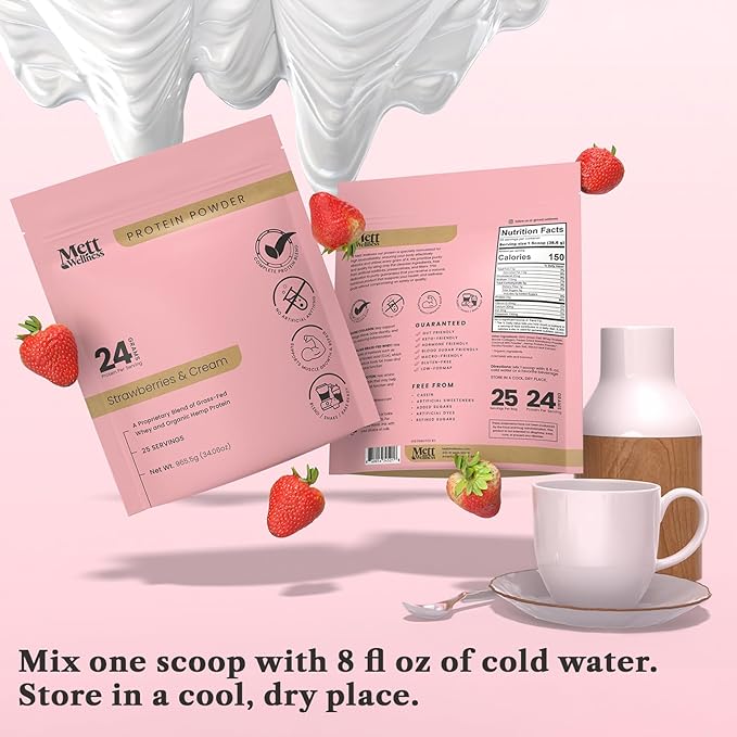 Strawberries & Cream Grass-Fed Whey + Hemp Heart Protein Powder with Bovine Collagen | 24g Protein per Serving | Supports Digestion & Daily Wellness | 1.5 lbs (25 Servings)