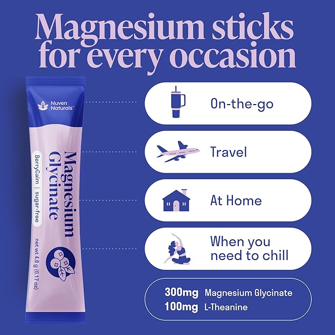 Magnesium Glycinate Powder + L-Theanine | 20 Sticks/Servings | 300 mg p/Stick High Absorption Chelated Magnesium Powder for Sleep - Mixed Berry Flavor, No Sugar, Support Restful Sleep & Relaxation