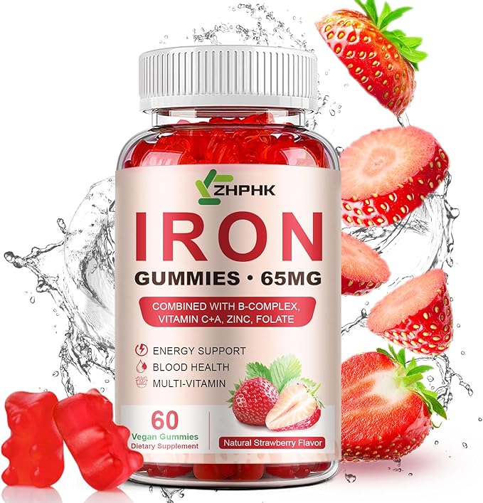 Iron Supplement Gummies, 65mg Iron for Women Men Kids, Natural Vegan Iron Gummy with Folate Gentle on Stomach, Gluten Free, Energy Support & Immune Health, 60 Gummies