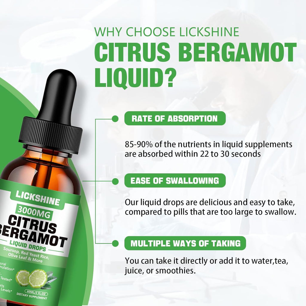 1 Pack 3000mg Citrus Bergamot Liquid Drops - High Absorption - Cholesterol Lowering Supplement for Immune Support Healthy Anti-Aging, Hight Cholesterol - Soursop Bitters Liquid, 2 Fl Oz