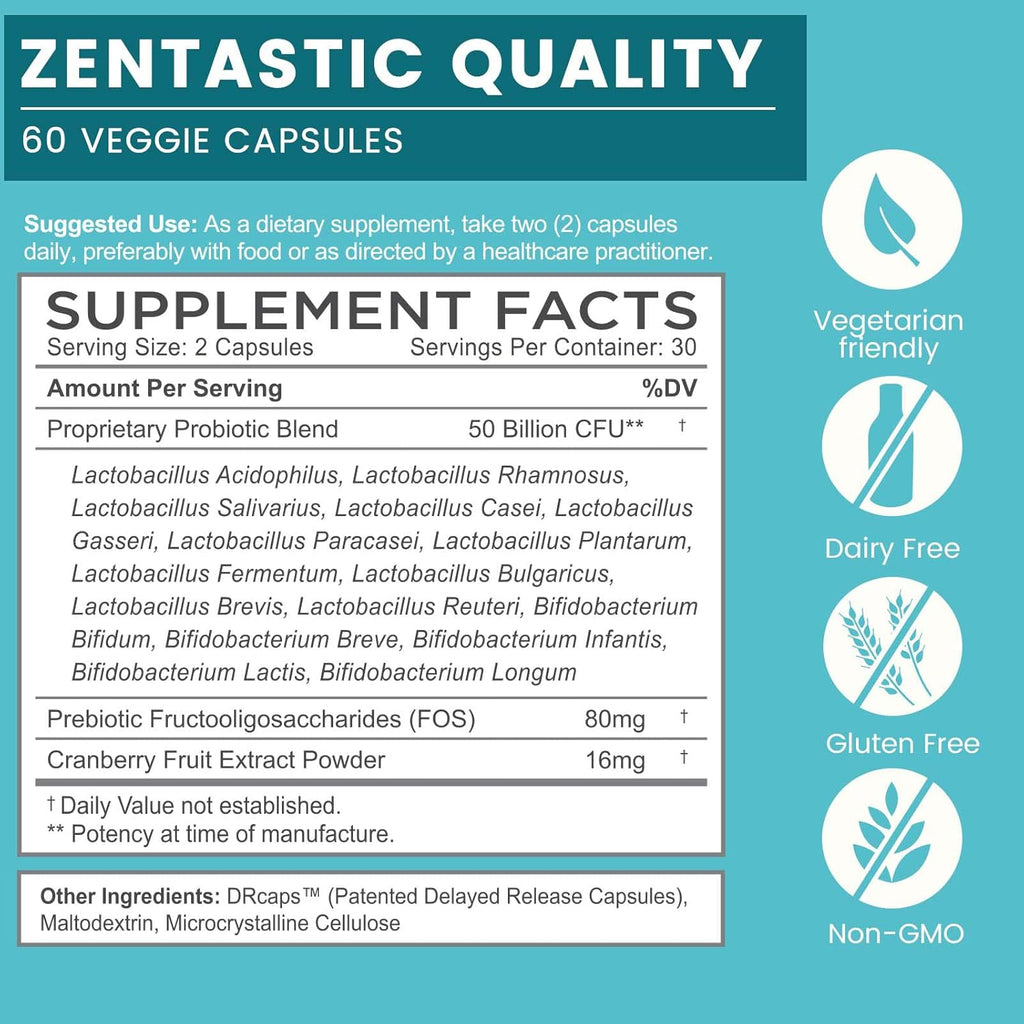 Zentastic Probiotics & Prebiotics Supplement - 50 Billion CFU - for Men & Women’s Immune & Digestive Health - 16 Strains - Shelf Stable - 180 Delayed Release Veggie Capsules