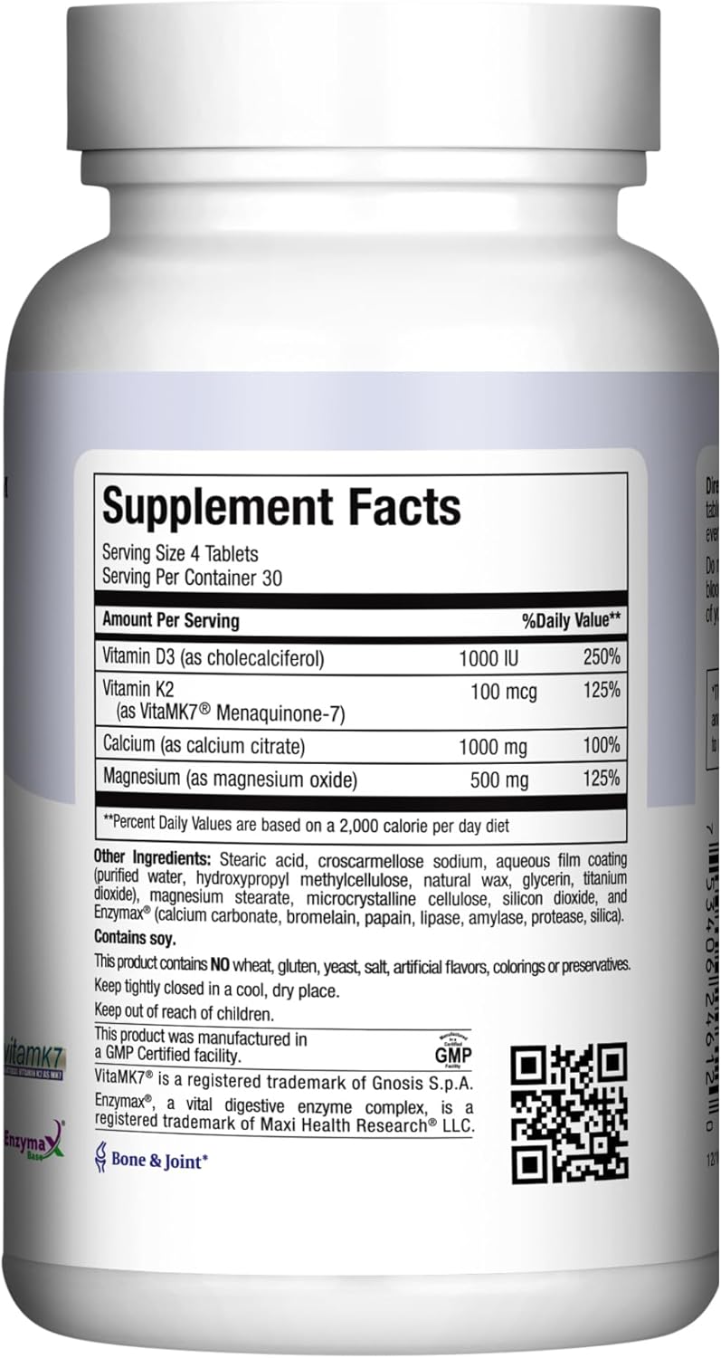 4-in-1 Calcium 1000mg with Vitamin D3 - Calcium Supplement for Women and Men with Vitamin K2 D3 1000 IU - Extra Strength Calcium Citrate for Bone and Heart Support (120ct)