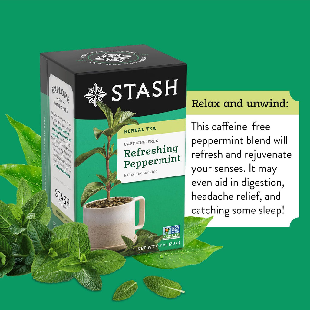 Stash Tea Peppermint Herbal Tea - Naturally Caffeine Free, Non-GMO Project Verified Premium Tea with No Artificial Ingredients, 20 Count (Pack of 6) - 120 Bags Total