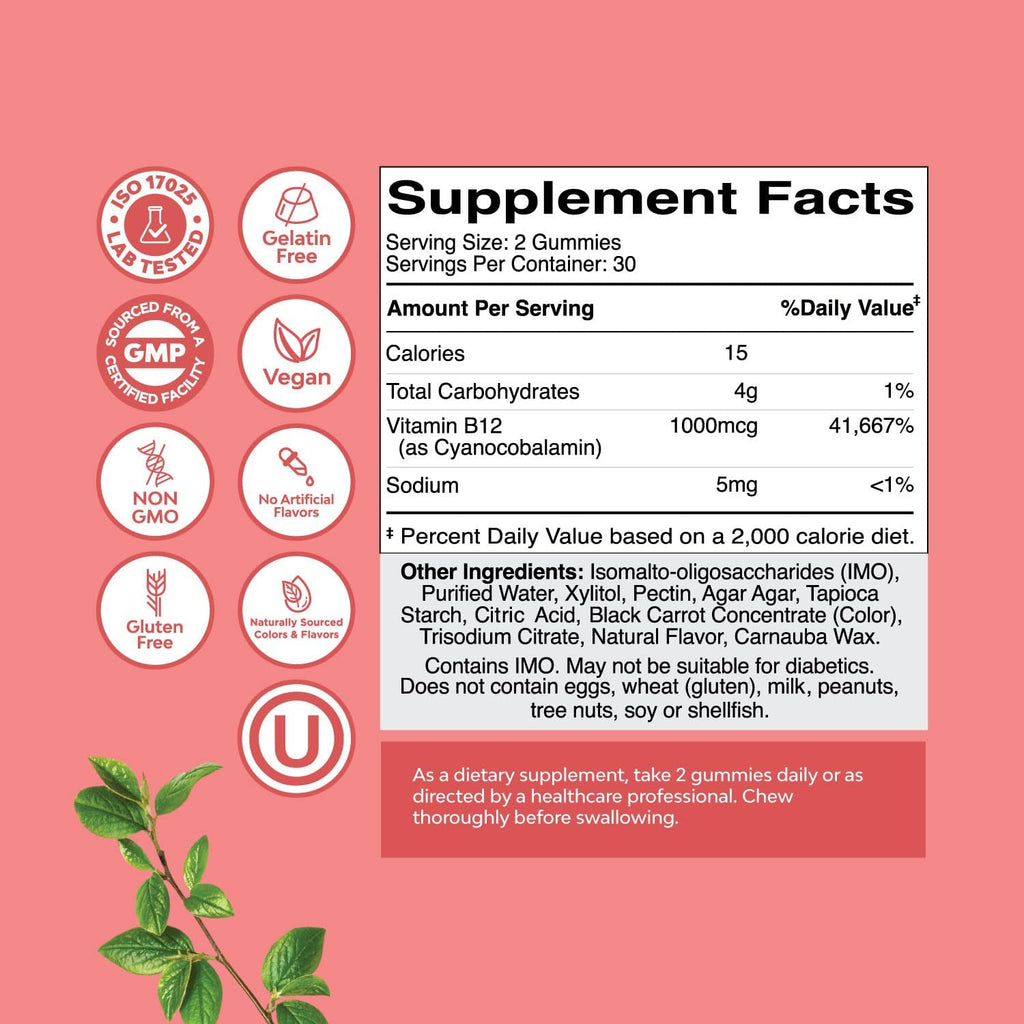 Vitamin B12 Gummies for Adults - Sugar Free Vitamin B12 1000 mcg Chewable Gums for Energy & Mood Support, Immune & Nerves Health - Kosher Non-GMO & Gluten Free Supplement for Women & Men - 60 Count