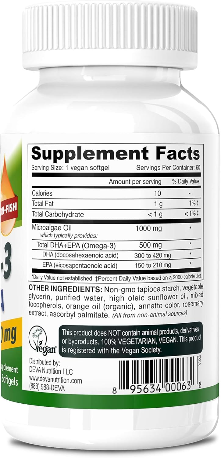 DEVA Vegan Omega-3 DHA-EPA 500MG 2-Pack – No Carrageenan, Non-Fish Oil Derived from Algae, Non-GMO, 60 Gelatin-Free Softgels Ea