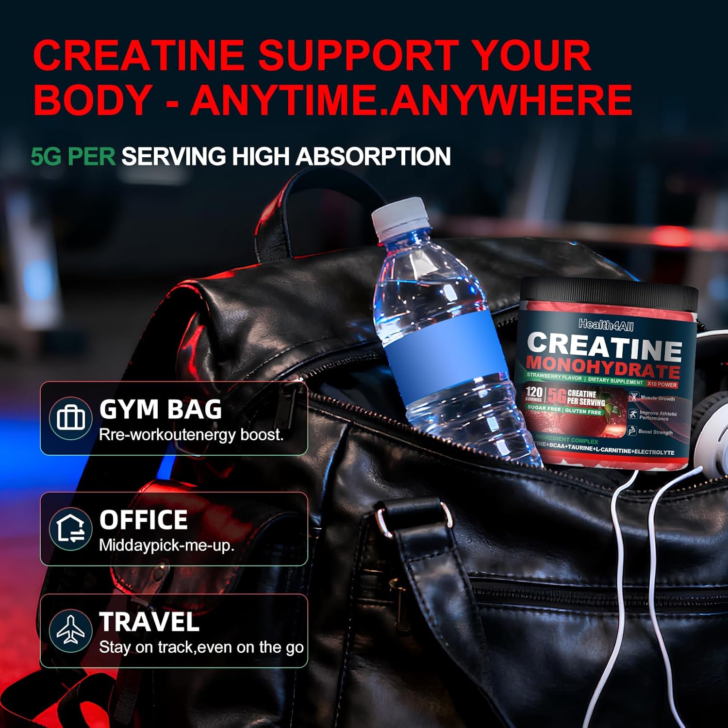Health4All Creatine Monohydrate Gummies 5G for Men & Women, Preworkout Supplement for Energy & Muscle Growth Support with Electrolyte, BCAA, L-Carnitine & Taurine- Strawberry 120 Gummy