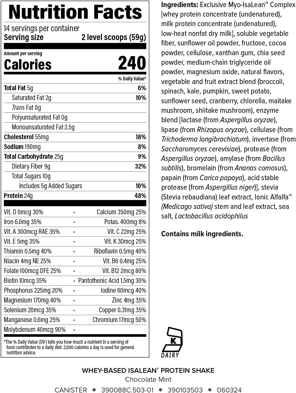 IsaLean Protein Shake - Complete Superfood Meal Replacement for Maintaining Healthy Weight and Lean Muscle Growth with 24 Vitamins and Minerals - 29.1 oz - 14 Meal Canister (Chocolate Mint) - Canister