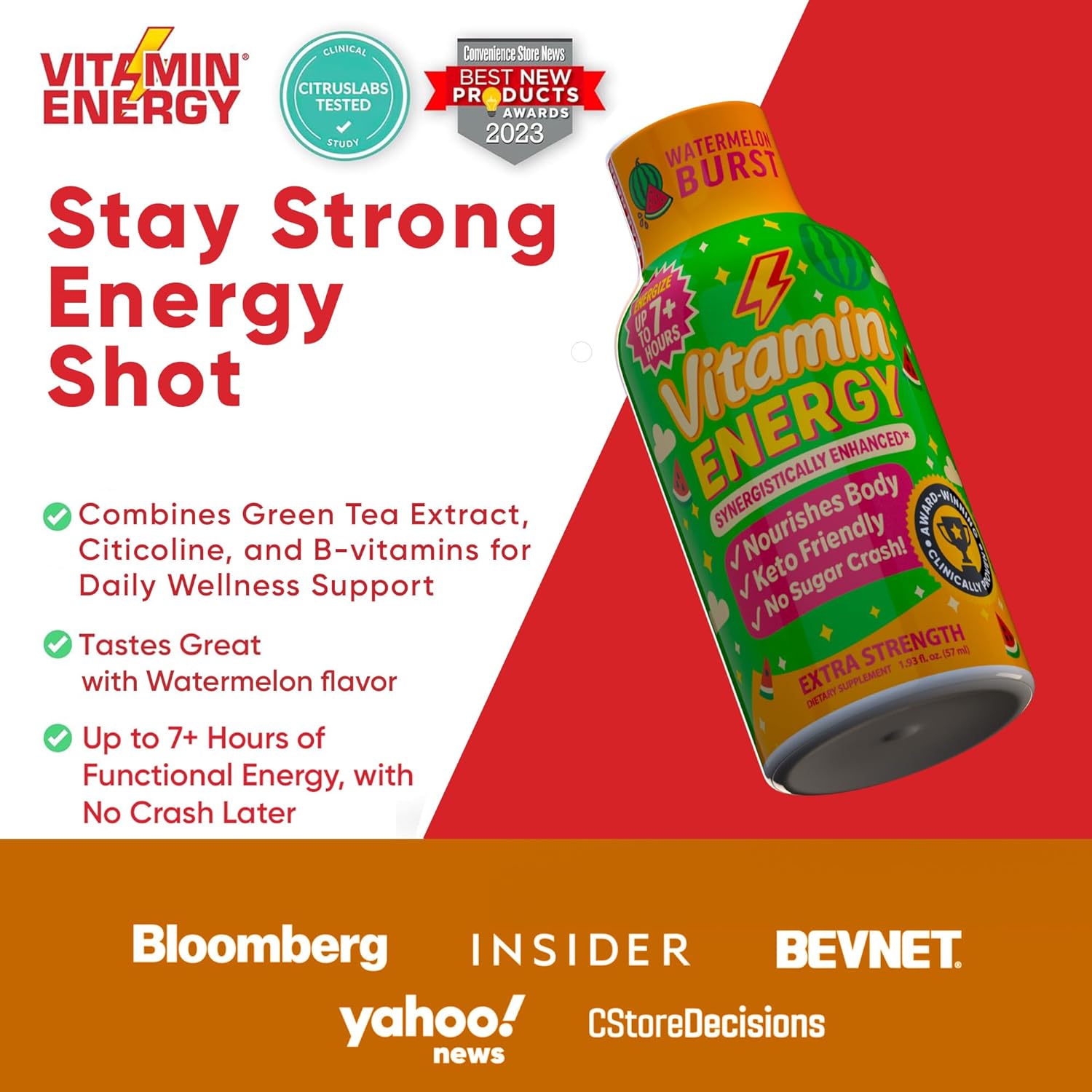 Vitamin Energy Immune+ Extra Strength Energy Shot Watermelon Burst 24 Pack, 260mg Natural Caffeine, B-Vitamins, Citicoline, Green Tea, Immunity & Focus Support, Zero Sugar, Gluten-Free 1.93 fl oz