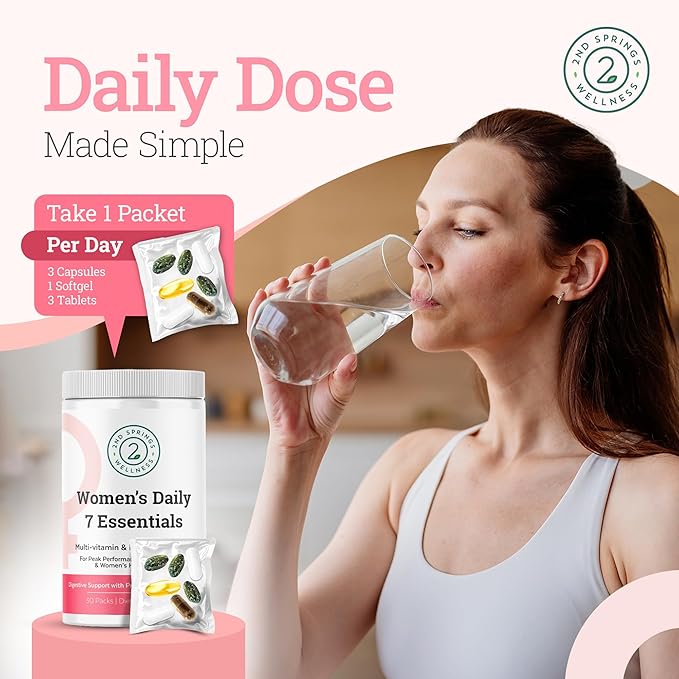 Daily 7 Essentials Women's Vitamin Pack -7 Pack Complete Women's Multivitamin Packet with Energy, Metabolism, Immune System, Female Health Support with Probiotics, More