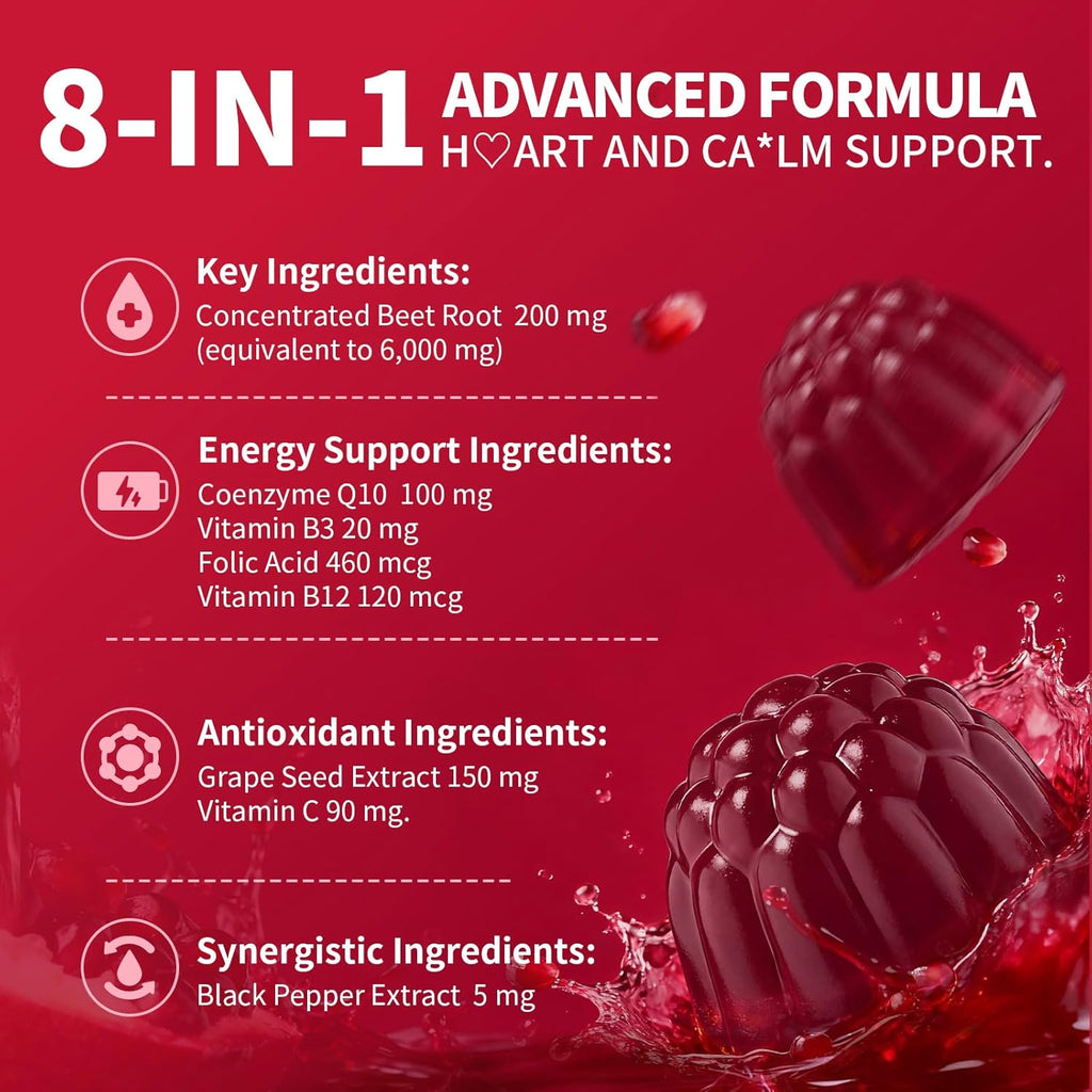 M inch Beet Root Gummies with Nitric Oxide Supplement with Beetroot, Grape Seed, Coq10, Folic Acid, Vitamin C, B3 & B12 for Energy Boost & Circulation Support, Pomegranate Flavor, 2 Packs