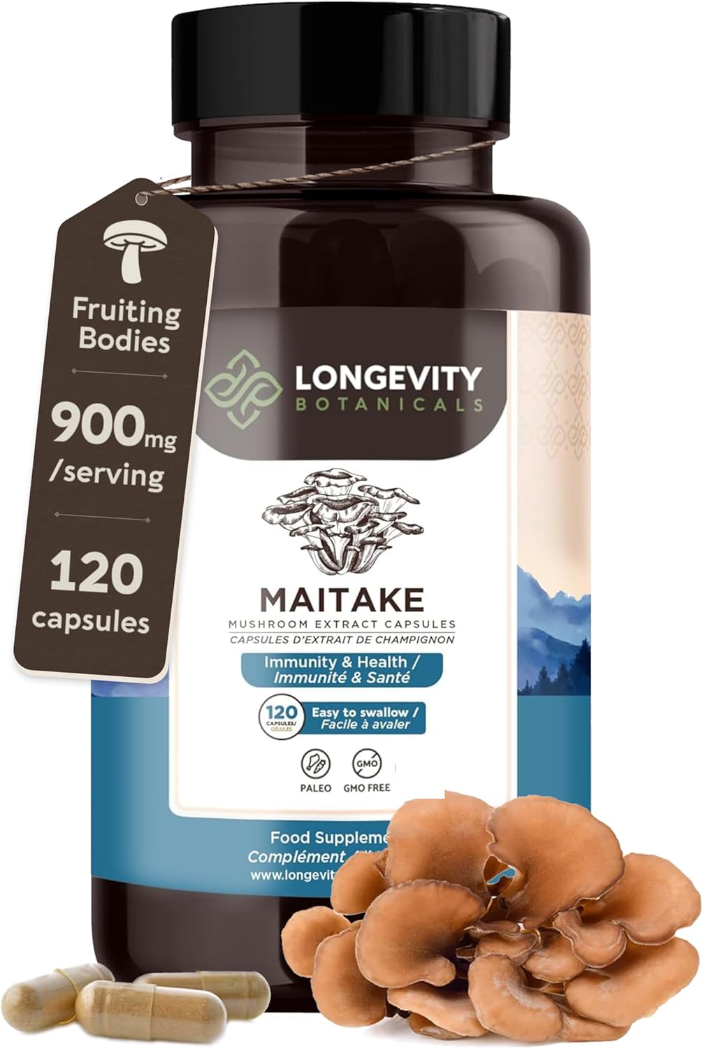 Longevity Botanicals Organic Maitake Mushroom Extract Capsules (120) | Concentrated 10:1 Ratio | 100% Fruiting Bodies | Grifola frondosa Natural Supplement for Gut Health & Immunity Support