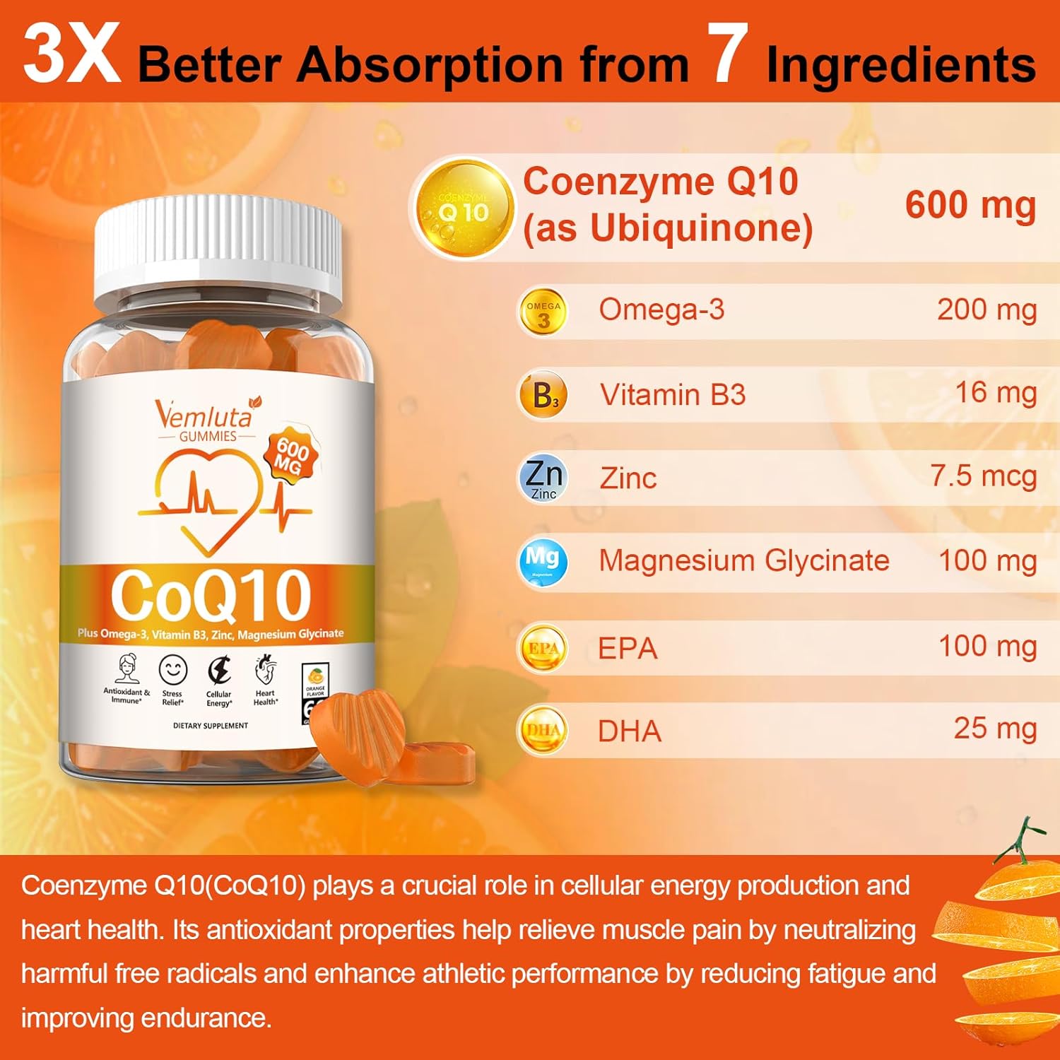 1 Pack 600MG CoQ10 Gummies - 3X Better Absorption Coenzyme Q10 (Ubiquinone) Gummies for Adults, Co Q10 Supplement Plus Omega-3, Magnesium, Vitamin B3 & Zinc,Energy, Brain＆ Heart Support, 60 Counts