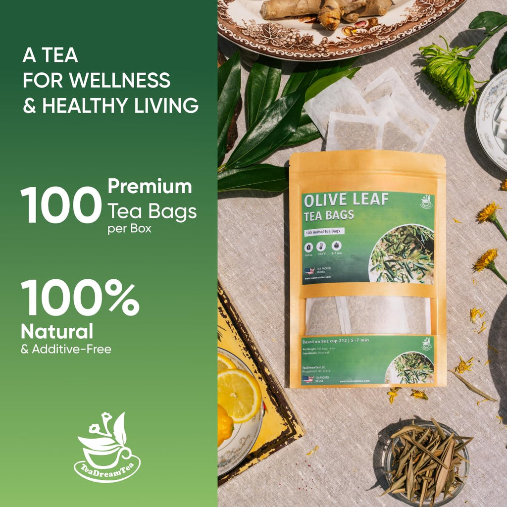 Olive Leaf Tea Bags – 100 Bags (Premium Dried Olive Leaf Tea - 100 Count), Natural Extract Caffeine-Free Herbal Tea for Health & Immune Support