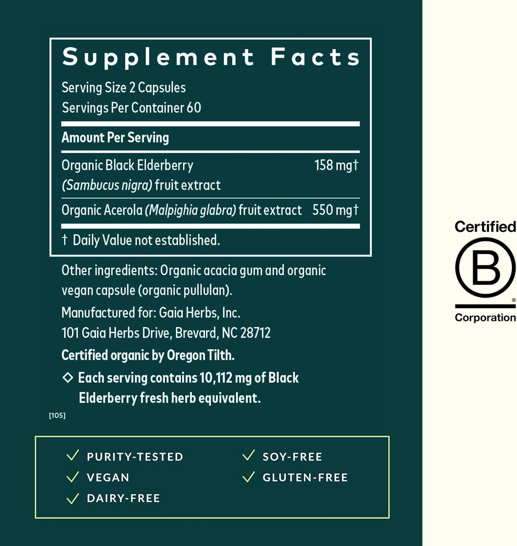 Gaia Herbs Black Elderberry - Daily Immune Support Supplement to Help Maintain Well-Being- with Black Elderberries and Acerola Fruit for Antioxidant Support - 120 Vegan Capsules (60-Day Supply)