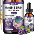 Magnesium Glycinate Liquid Drops 500mg, with Vitamin B6, Ashwagandha, L - Theanine, Chamomile, Magnesium Glycinate Supplement High Absorption for Sleep, Stress, Energy, Mood - Grape Flavor, 2 FL.OZ