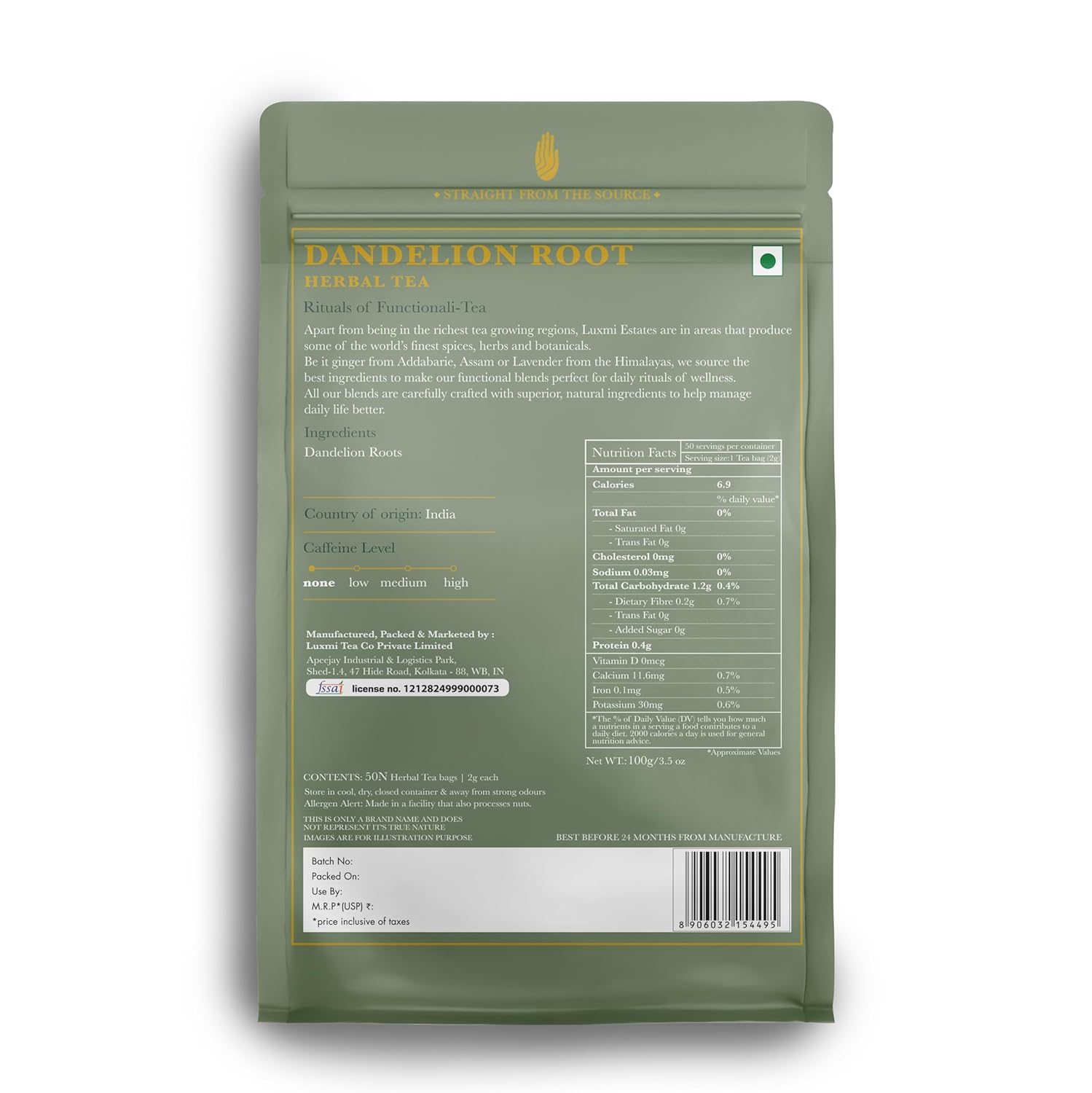 Luxmi Estates Pure Dandelion Herbal Organic Dandelion Tea (50 Tea Bags) Caffeine Free Tea Bags For Detox, Cleansing, and Digestion, With Certified Organic Dandelion Root Tea