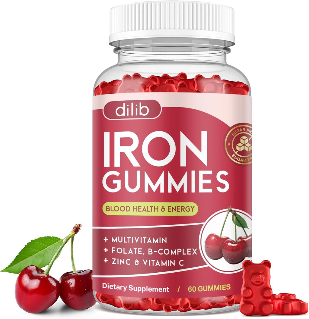 Iron Gummies with Multivitamin, Iron Supplement for Women & Men with Zinc, Vitamin B Complex & C, B12, Folate - Blood Builder & Energy Support for Adults & Kids - Cherry Flavor, Vegan 60 Gummies