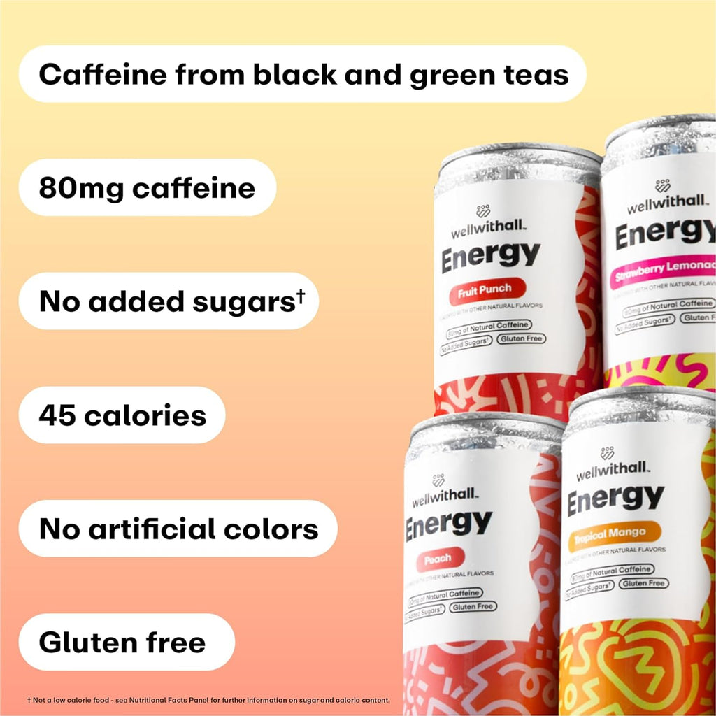 WellWithAll Energy Drink Variety Pack – Strawberry Lemonade, Fruit Punch, Tropical Mango, and Peach Flavors – Caffeine from Tea – With Vitamin C – Lightly Sparkling Beverage – Fruit & Veggie Juice Blend – 12 Oz (Pack of 12 – 3 Cans of Each Flavor)