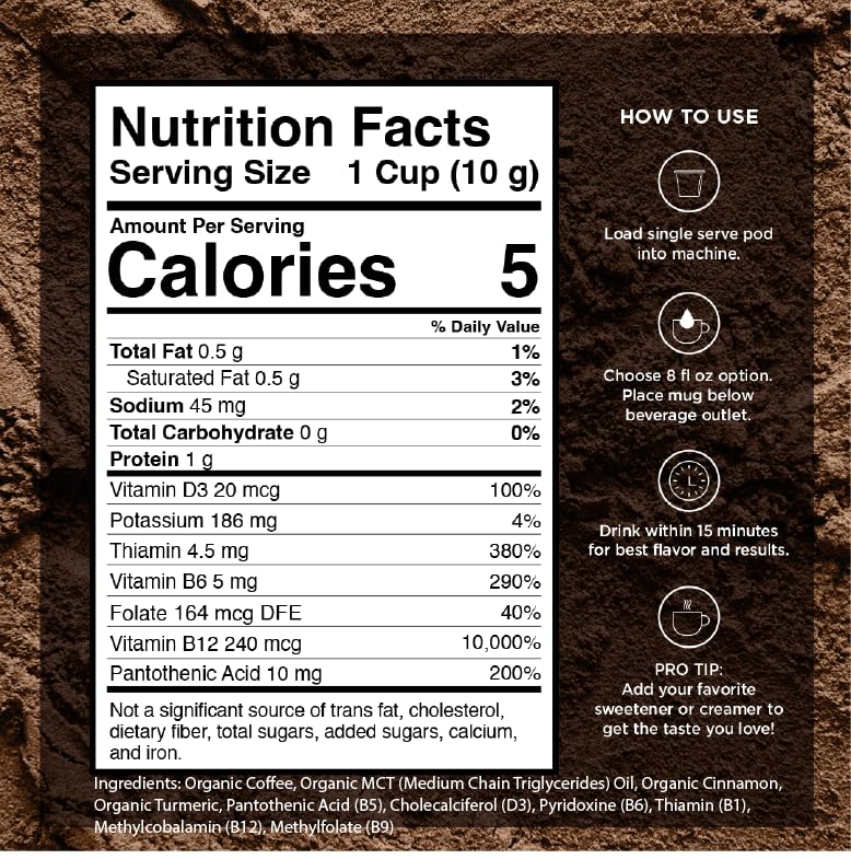 VitaCup Organic Genius Keto Coffee Pods, Increase Energy & Focus w/MCT Oil, Turmeric, B Vitamins, D3, Medium Dark Roast, Bold, Smooth, Single Serve Pod Compatible w/Keurig K-Cup Brewers, 24 Ct
