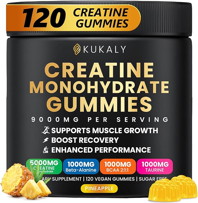 Creatine Monohydrate Gummies for Men & Women, 9000MG Creatine Gummies Sugar Free with L-Taurine, BCAA 2:1, B12 B6 for Boost Strength, Focus & Endurance, Vegan, Non-GMO, Pineapple 120pcs