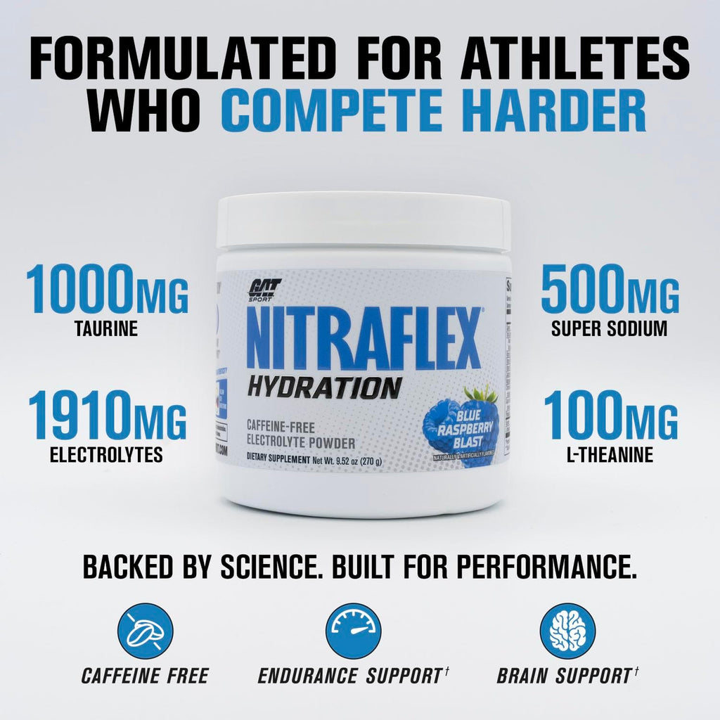 GAT SPORT Nitraflex Hydration Blue Raspberry Powder, Performance Electrolytes, 45 Servings