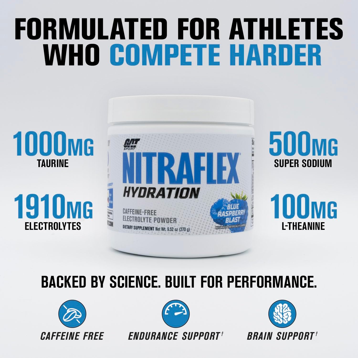 GAT SPORT Nitraflex Hydration Blue Raspberry Powder, Performance Electrolytes, 45 Servings