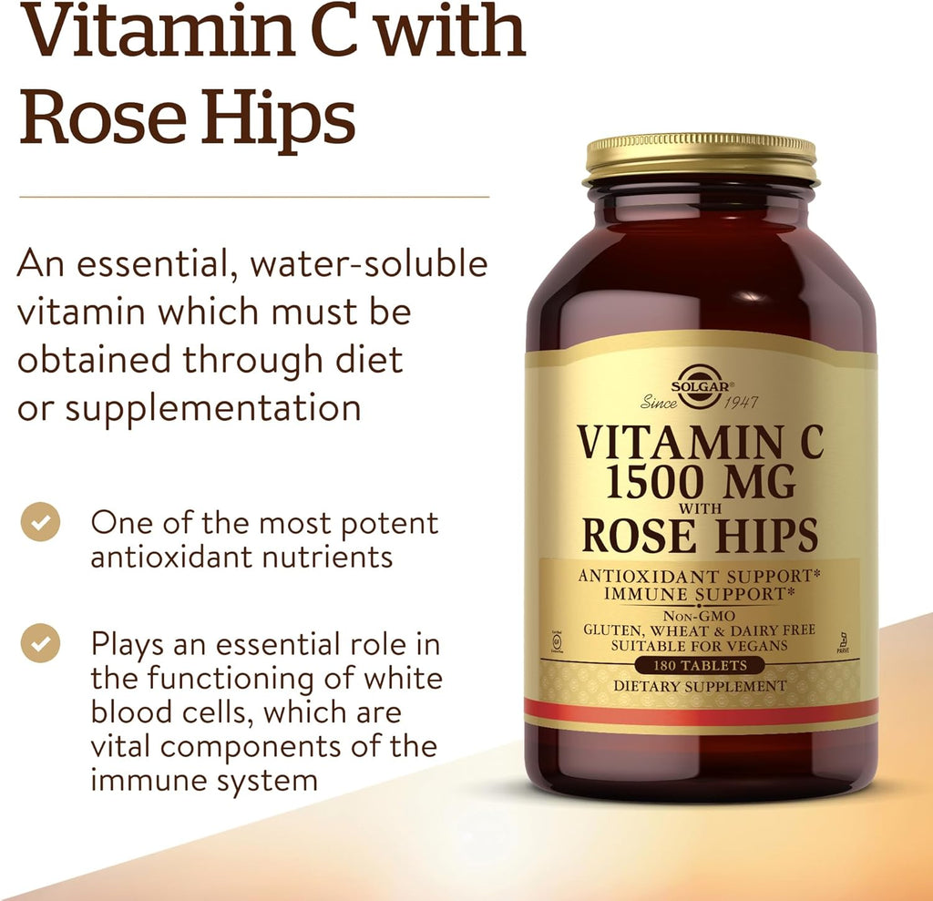 Solgar Vitamin C 1500 mg with Rose Hips, 180 Tablets - Antioxidant & Immune Support - Overall Health - Supports Healthy Skin & Joints - Non GMO, Vegan, Gluten Free, Dairy Free, Kosher - 180 Servings